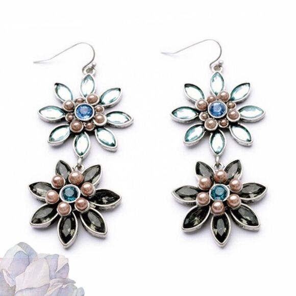 High-End Crystal and Sim Pearl Flower Drop Earrings Blue Tan Statement Unique - Picture 4 of 6